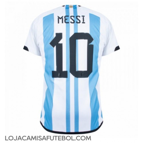 Camisa de Futebol Argentina Lionel Messi #10 Equipamento Principal Mundo 2022 Manga Curta